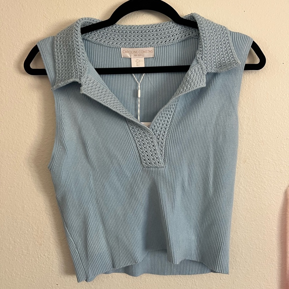 Caroline Constas Ribbed Knit Collared Tank | Light Blue | Size Large